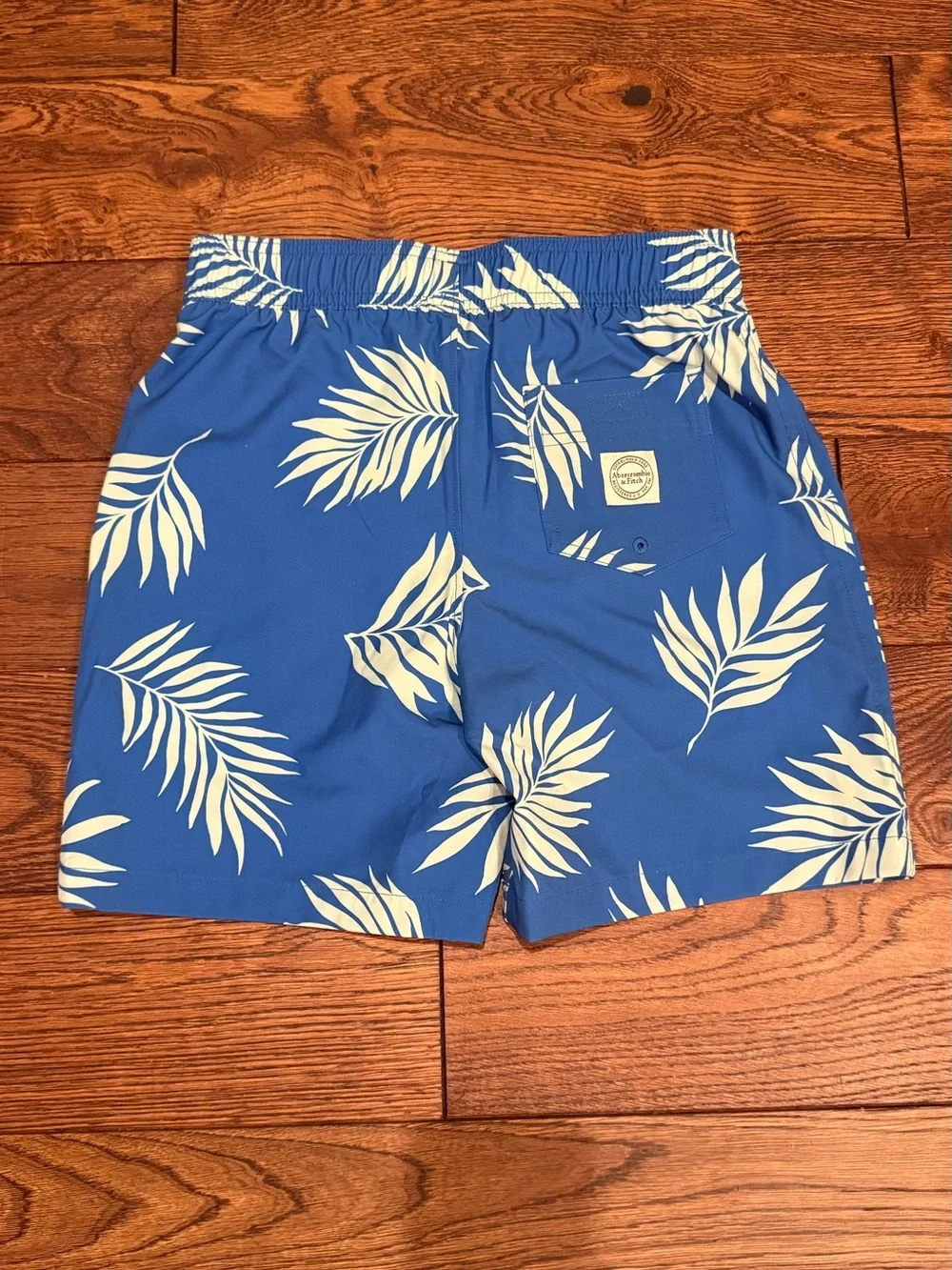 abercrombie kids Blue Swim Trunks with White Tropical Leaf Print